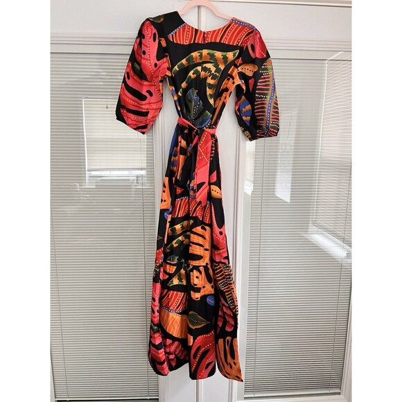 Maude Vivante Dress Size M Multi Color Leaf Pattern Maxi Half Sleeve Wrap Tie - Picture 6 of 9